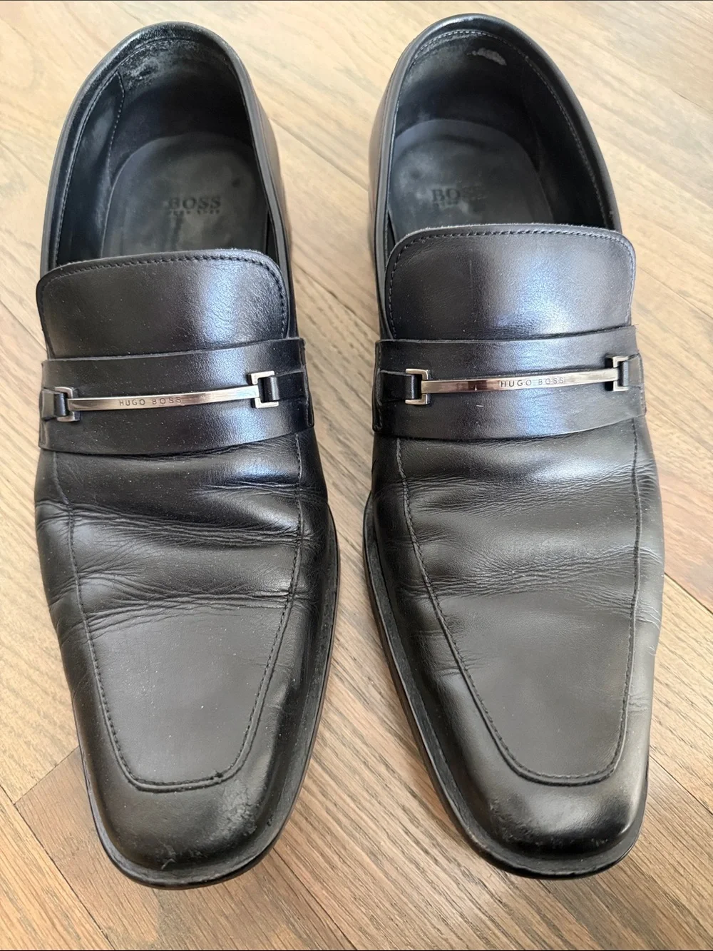 Hugo Boss Black Leather Slip-On Loafers with Silver Bit